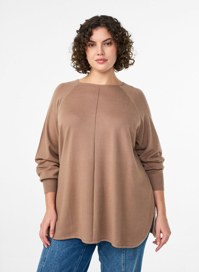 Knit blouse with round neck and knitted pattern, Brown, Model image number 0