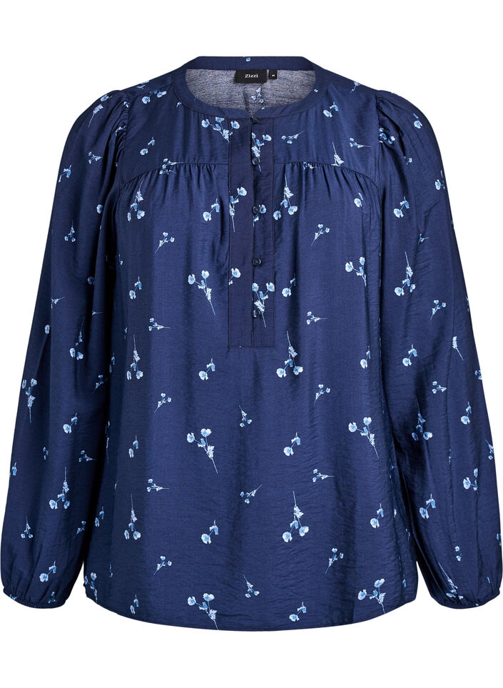Blouse with button fastening and small flowers, Blue, Packshot image number 0
