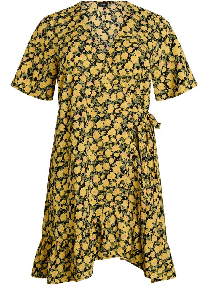 Floral wrap dress with short sleeves, Yellow, Packshot image number 0