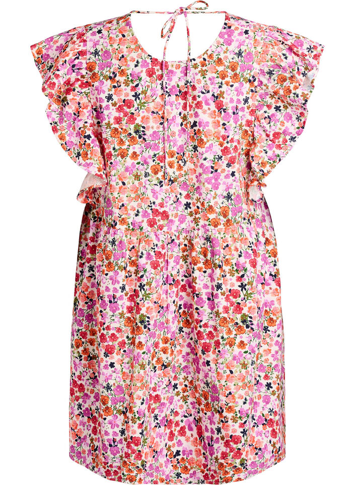 Floral cotton dress with ruffles and V-neck, Pink, Packshot image number 1