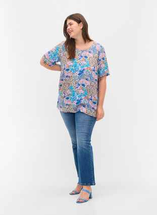 Short-sleeved viscose blouse with floral print, Blue Rose Flower, Model image number 2