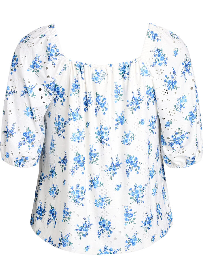 Floral blouse with a square neckline and eyelet embroidery, White, Packshot image number 1