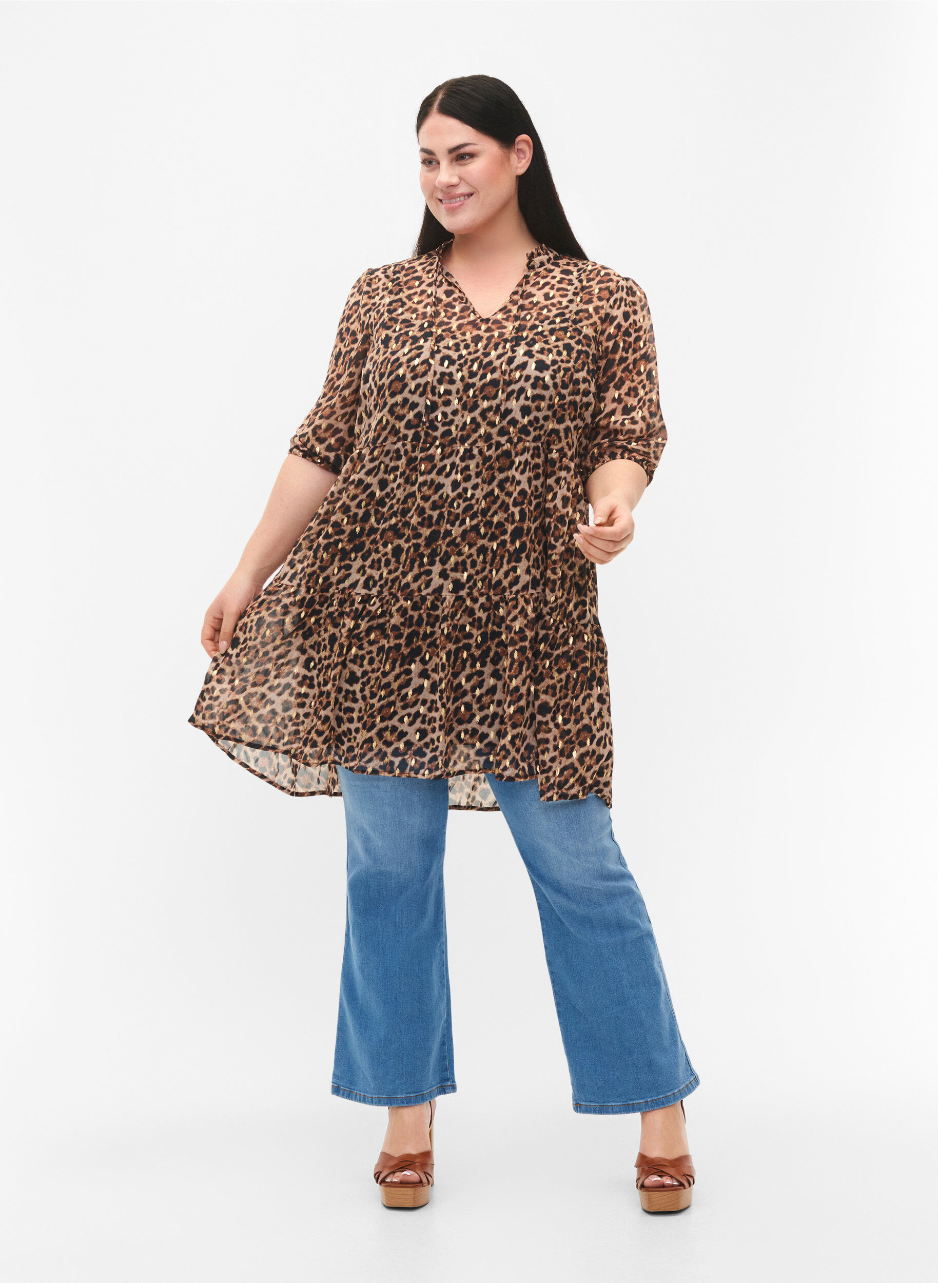 Zizzifashion Tunic with floral print and lurex, Leopard AOP, Model image number 2