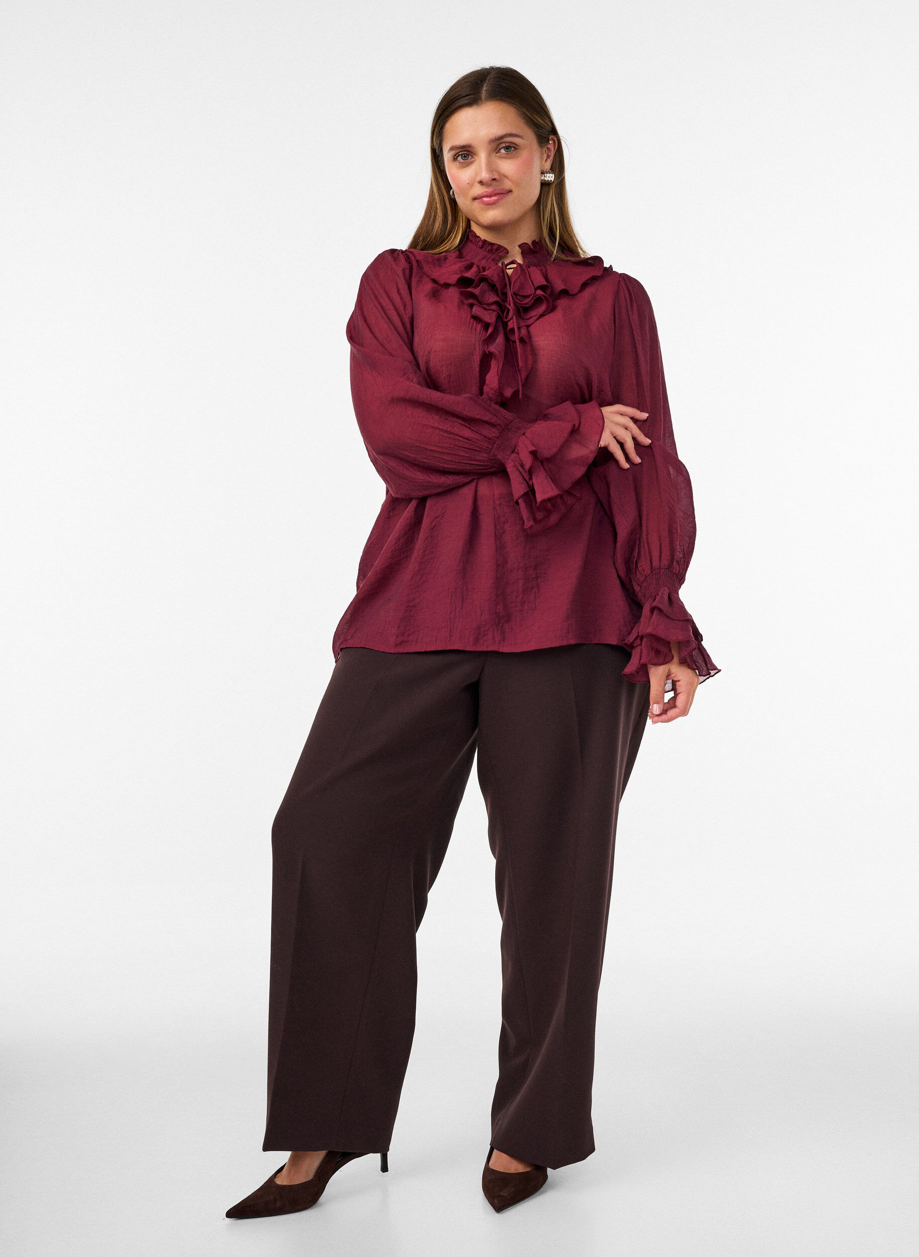 ZizzifashionViscose blouse with ruffles and long sleeves, Red, Model image number 1