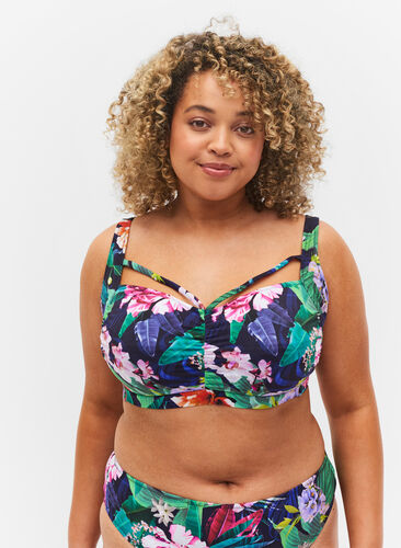 Bikini top with ruching and string, Flower Print, Model image number 0