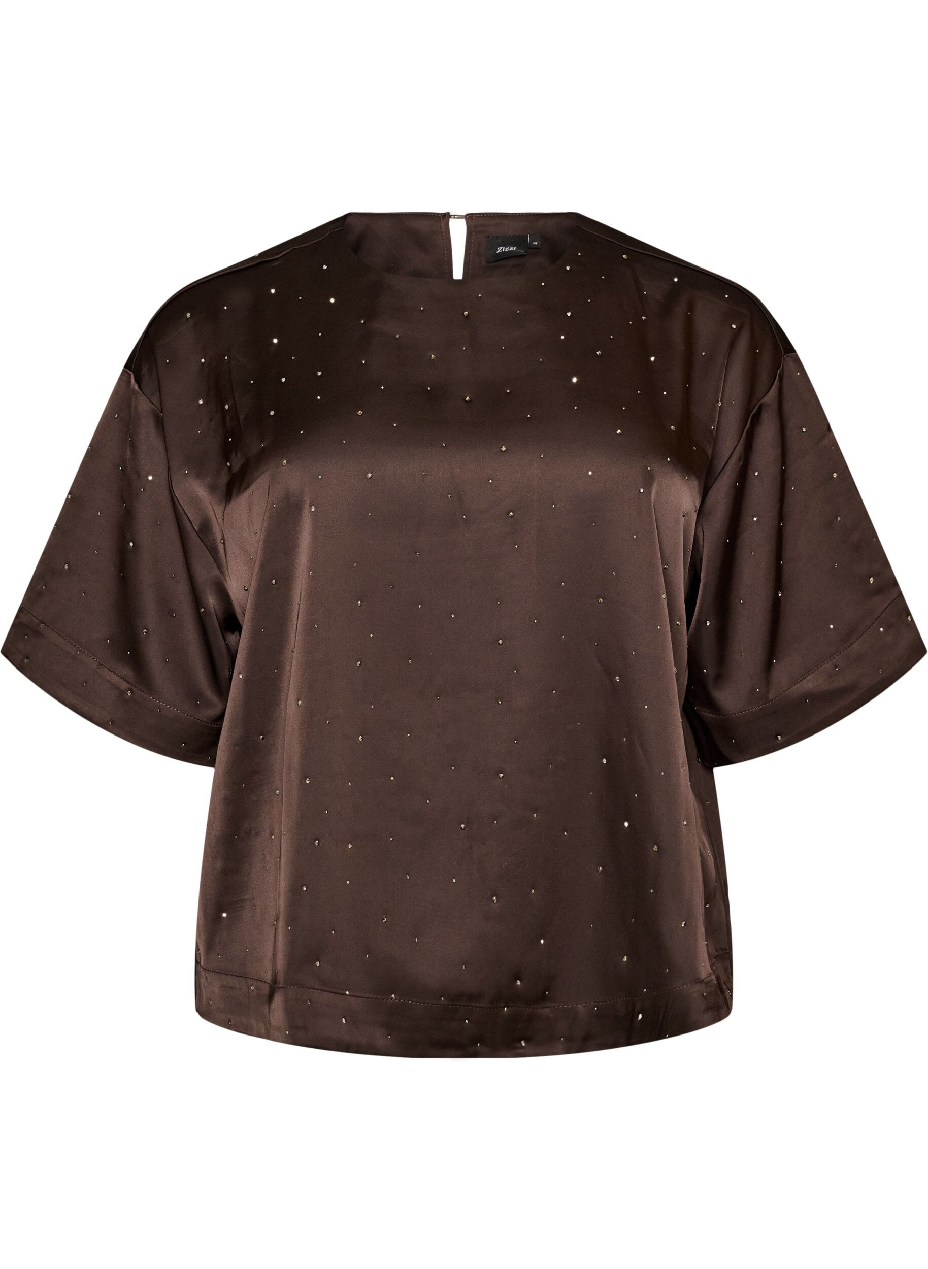 ZizzifashionSatin blouse with rhinestones and elbow-length sleeves, Brown, Packshot image number 0