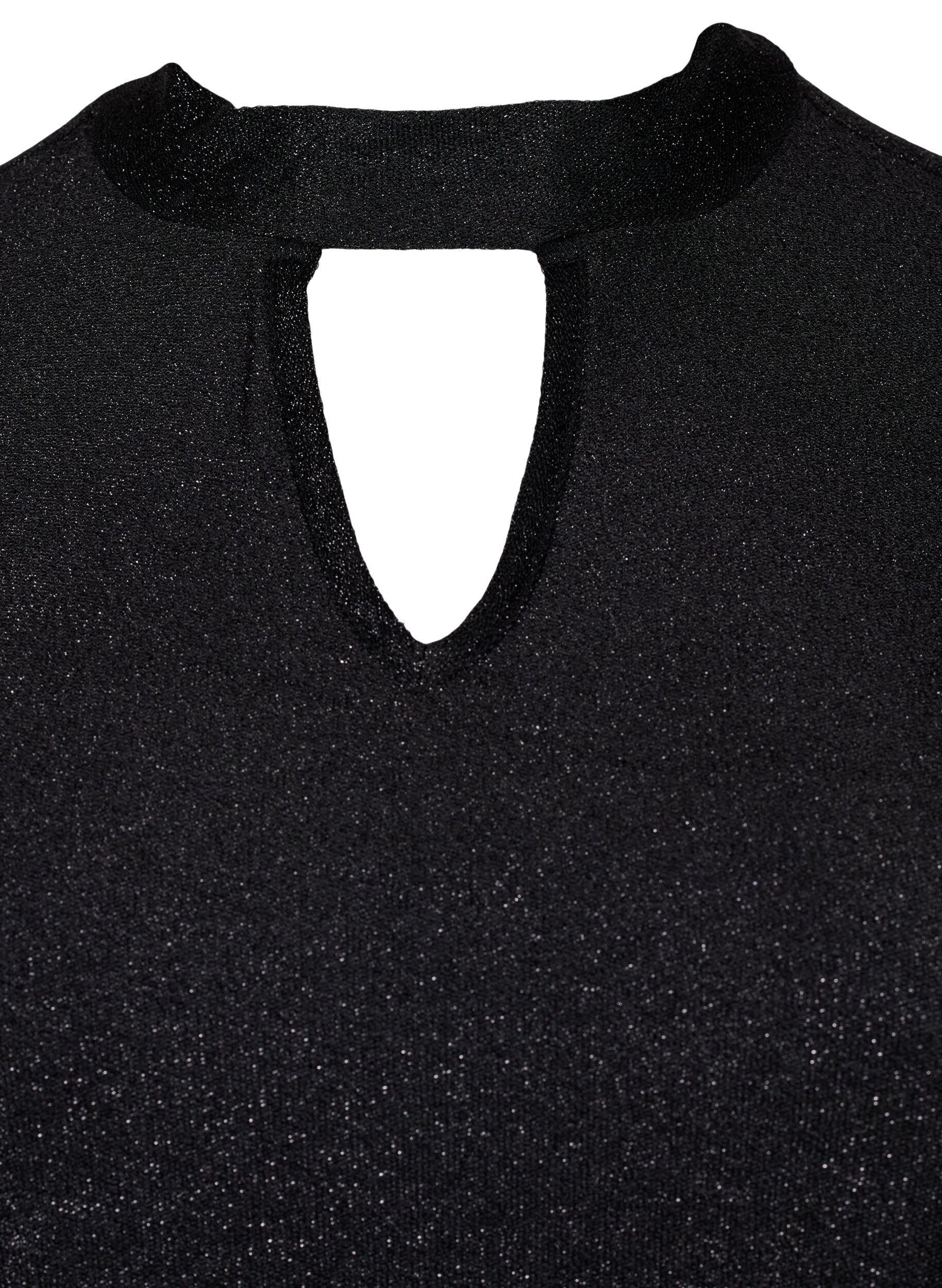 Zizzifashion Long-sleeved glitter blouse with round neck and V-detail, Black Black, Packshot image number 2