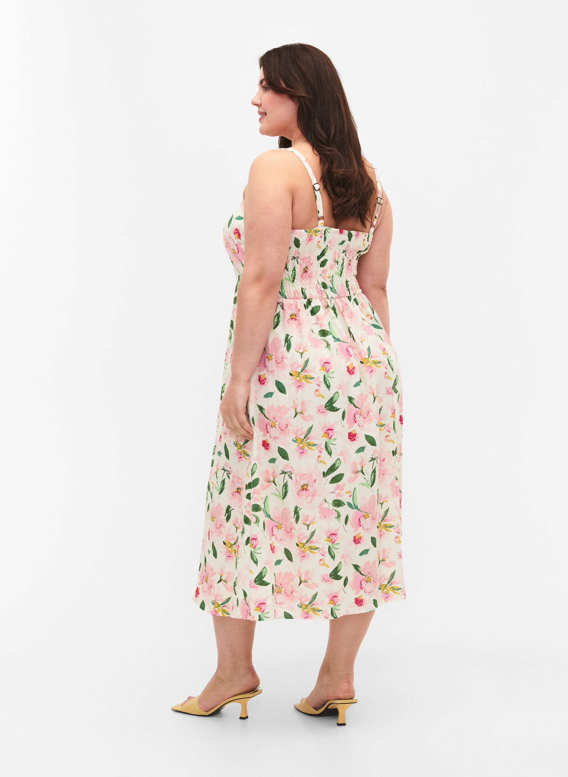 Zizzifashion Floral viscose strap dress with smocking, Off White Flower, Model image number 1