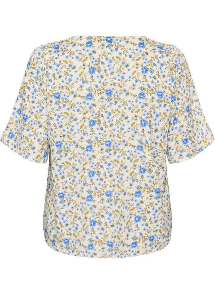 Short-sleeved cotton shirt with a V-neck, Blue, Packshot image number 1