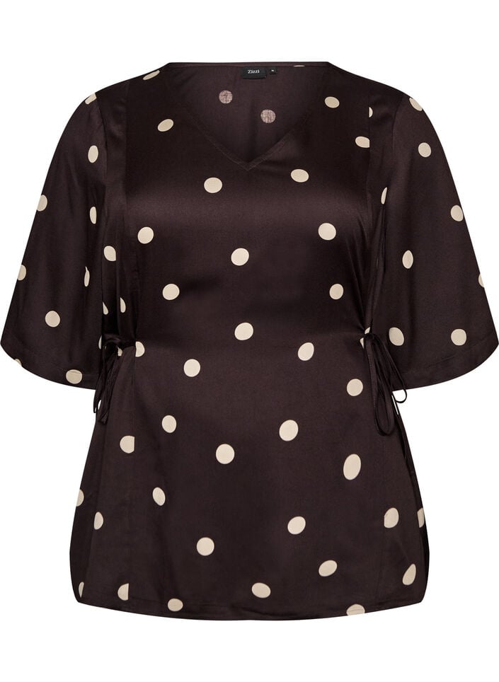 Polka dot viscose blouse with V-neck and tie-fastening, Brown, Packshot image number 0