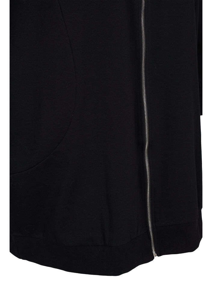Long cotton sweat cardigan with hood, Black, Packshot image number 3