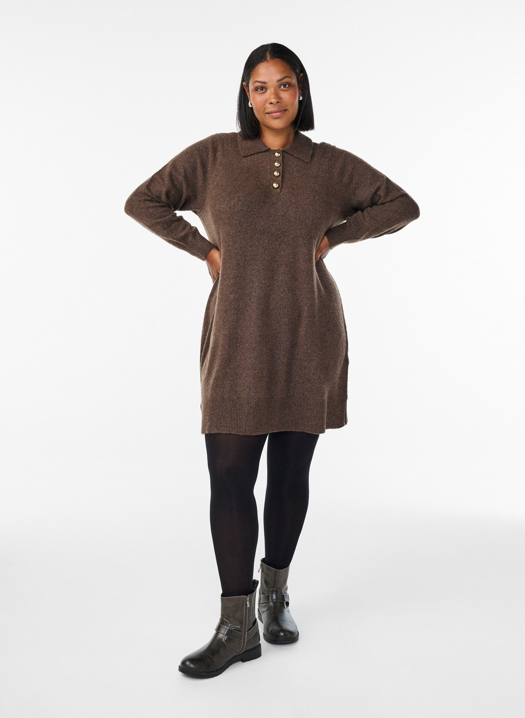 Zizzifashion Short knit dress with polo collar and buttons, Brown, Model image number 1