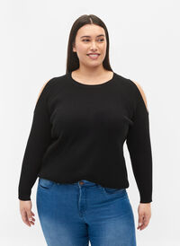 Knitted top with open shoulder detail, Black, Model