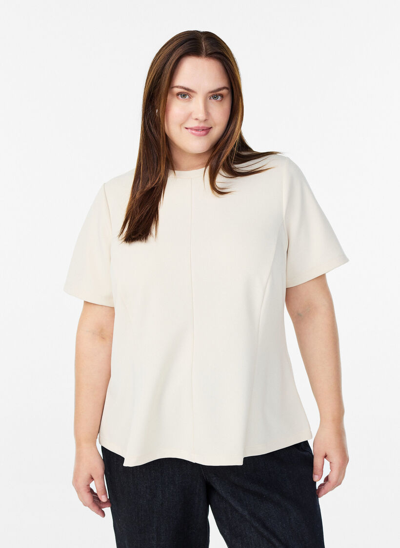 Short-sleeved blouse with shaping darts, Beige, Model image number 0
