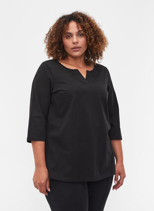 Plain-coloured cotton blouse with 3/4-length sleeves and slits, Black, Model image number 0