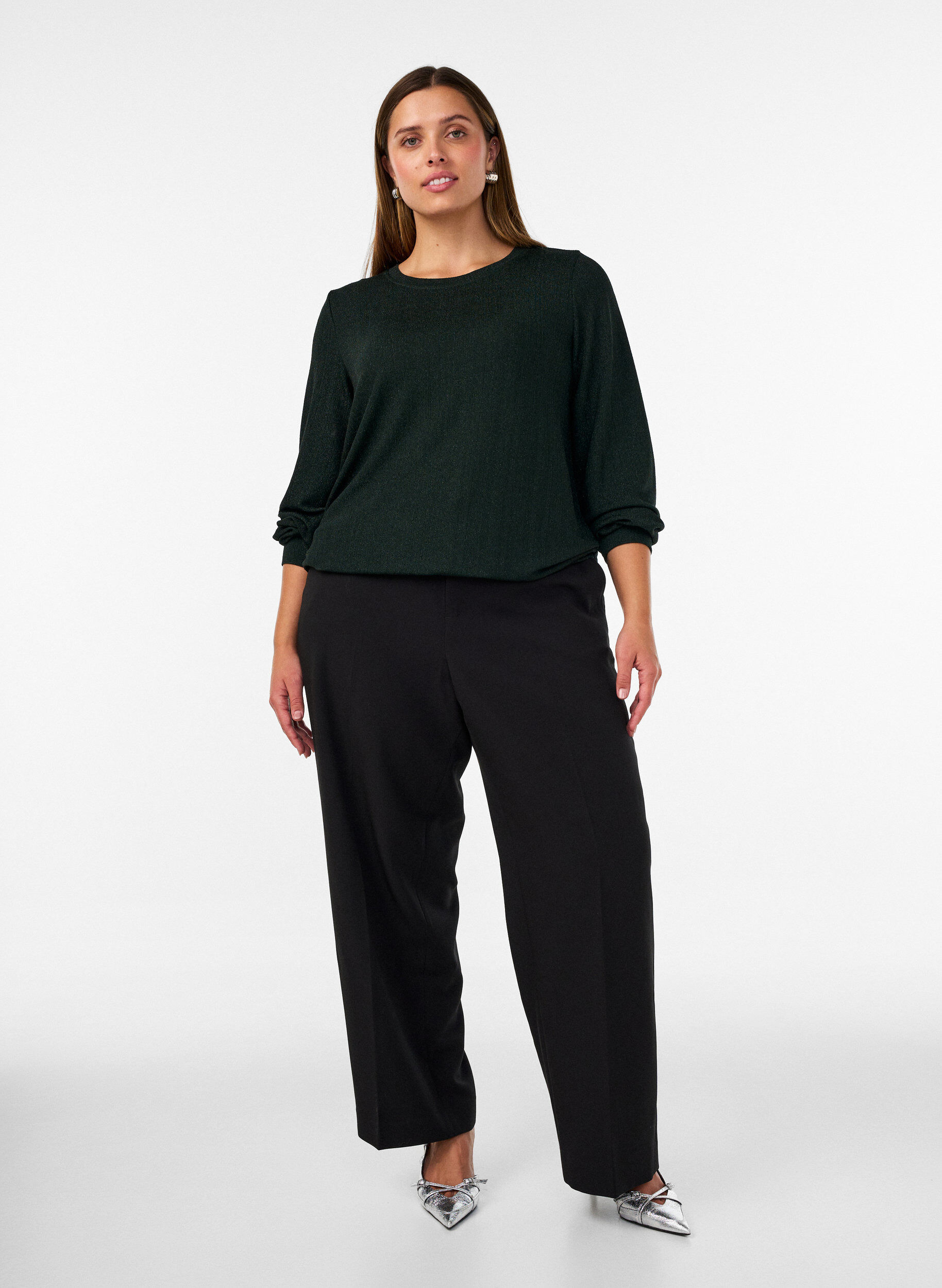 ZizzifashionBlouse with vertical texture and glitter thread, Green, Model image number 1