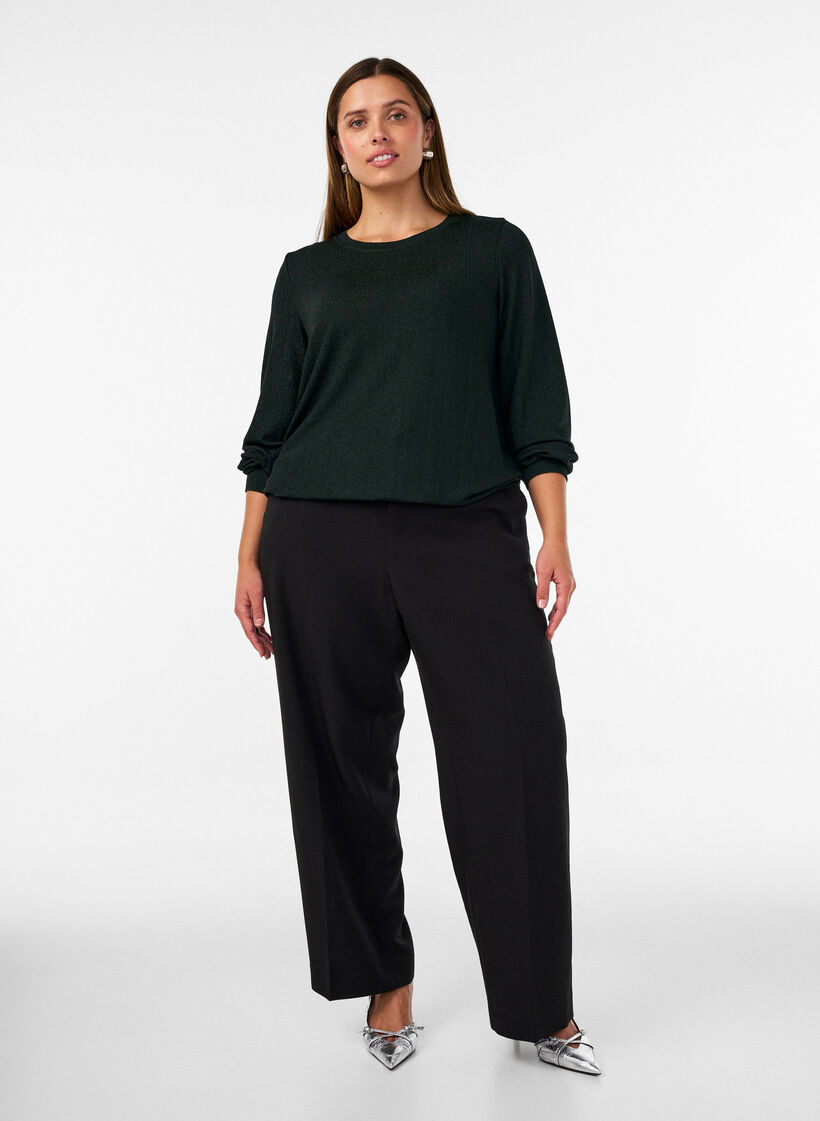 Blouse with vertical texture and glitter thread, Green, Model image number 1
