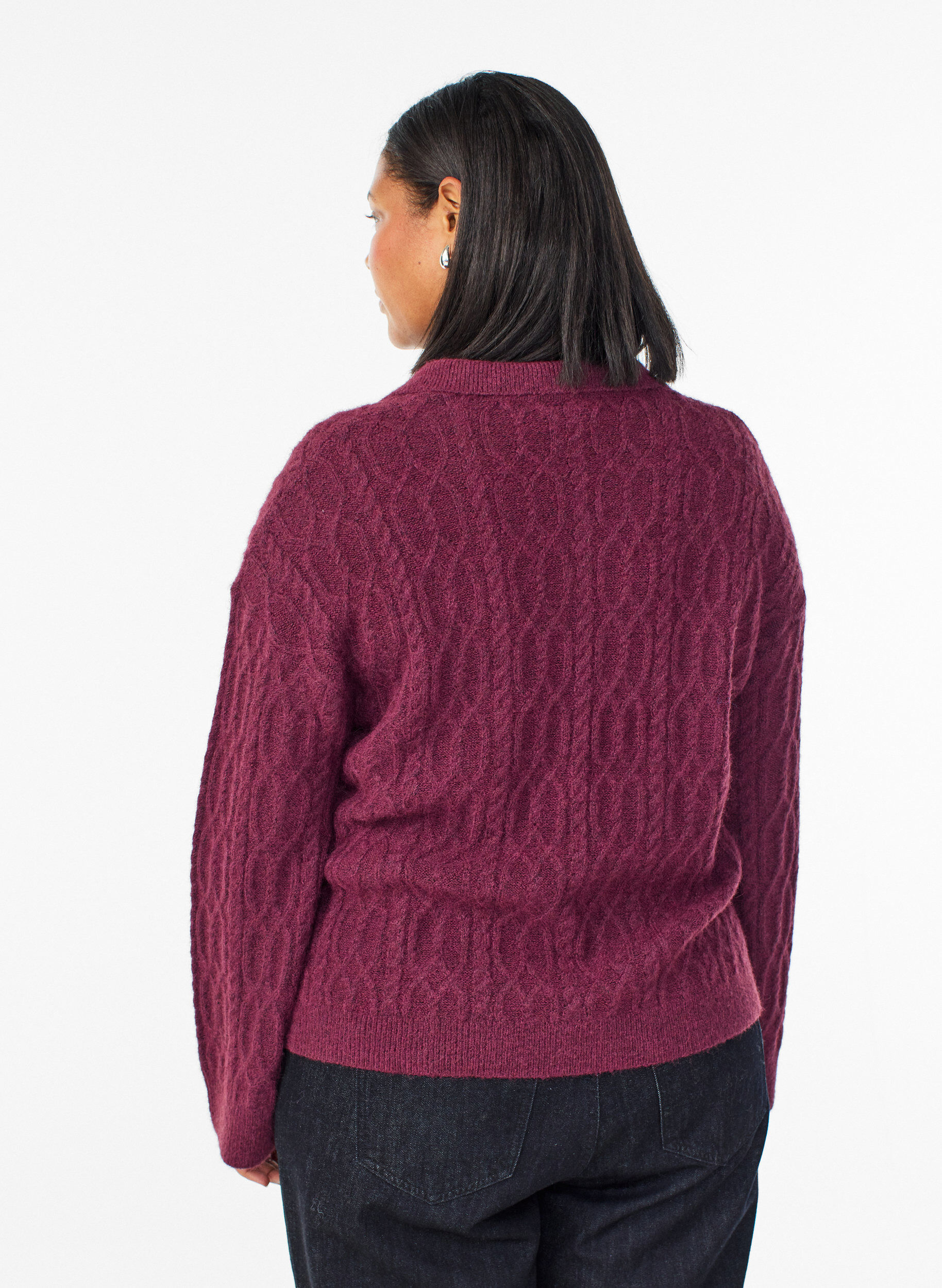 Zizzifashion Cable knit sweater with polo collar, Dark Bordeaux, Model image number 2