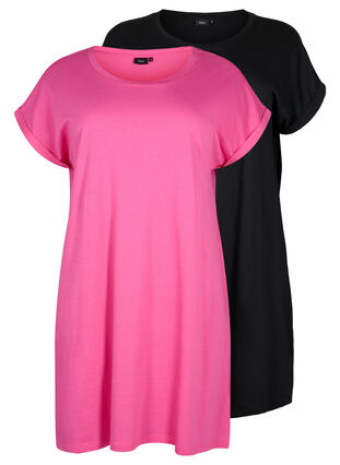 2-pack cotton dress with short sleeves, Shocking Pink/Black, Packshot image number 0