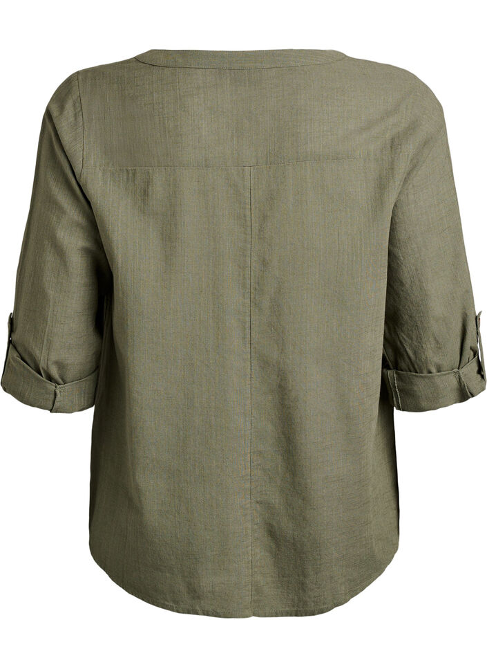 Cotton shirt blouse with V-neck, Green, Packshot image number 1