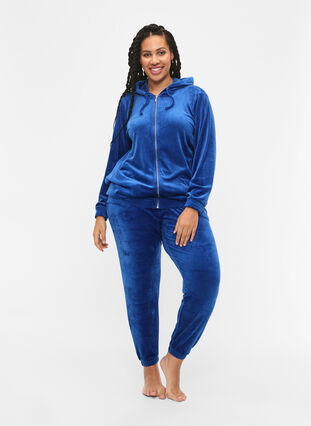 Velour cardigan with zipper and hood, Monaco Blue, Model image number 3