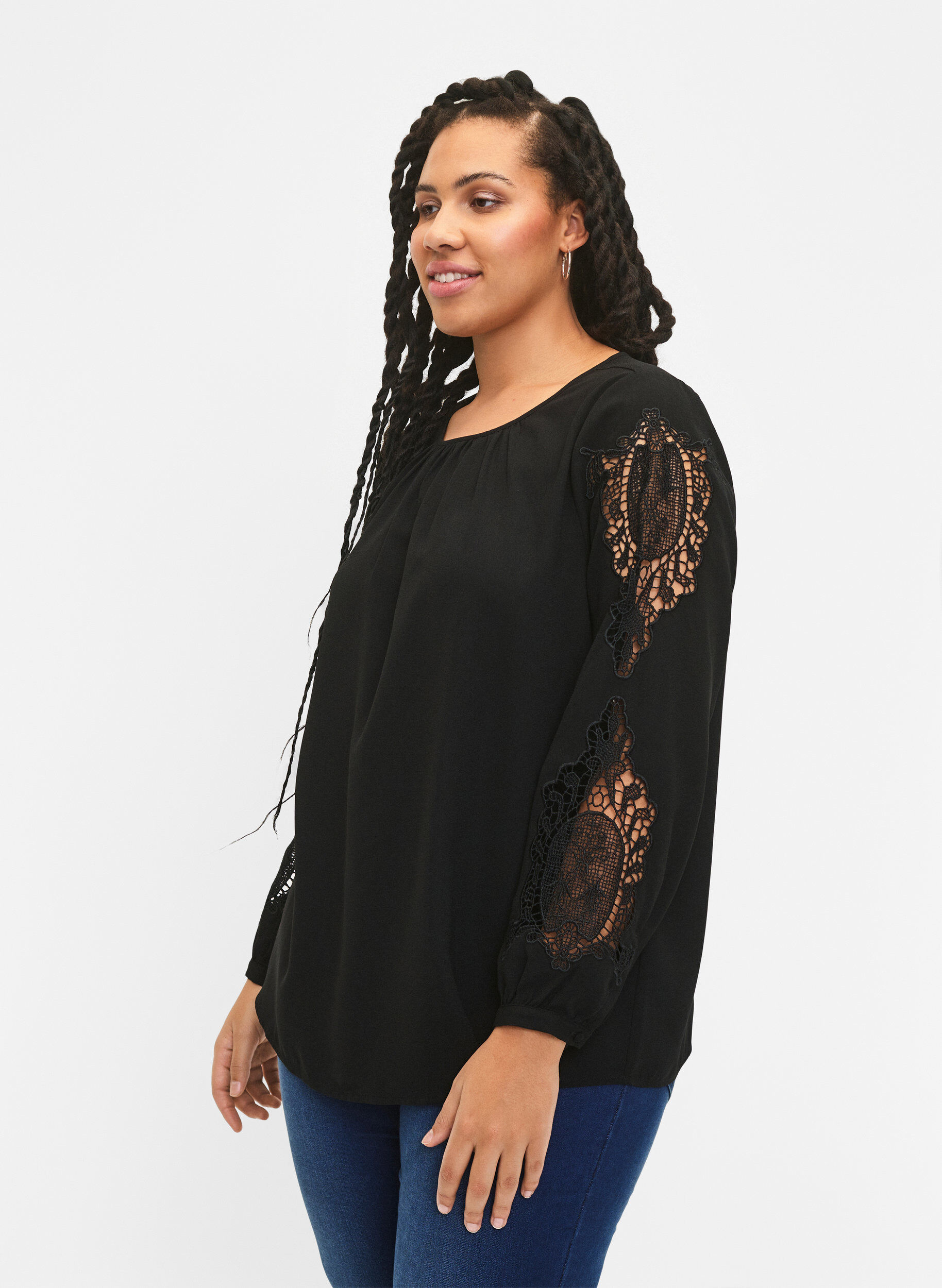 Zizzifashion Long sleeve blouse with crochet details, Black, Model image number 2