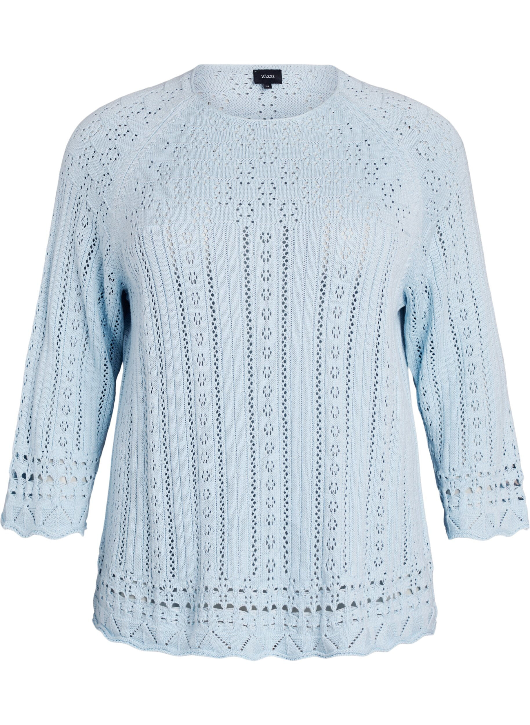 Zizzifashion Knitted top with eyelet embroidery and 3/4 sleeves, Light Blue, Packshot image number 0