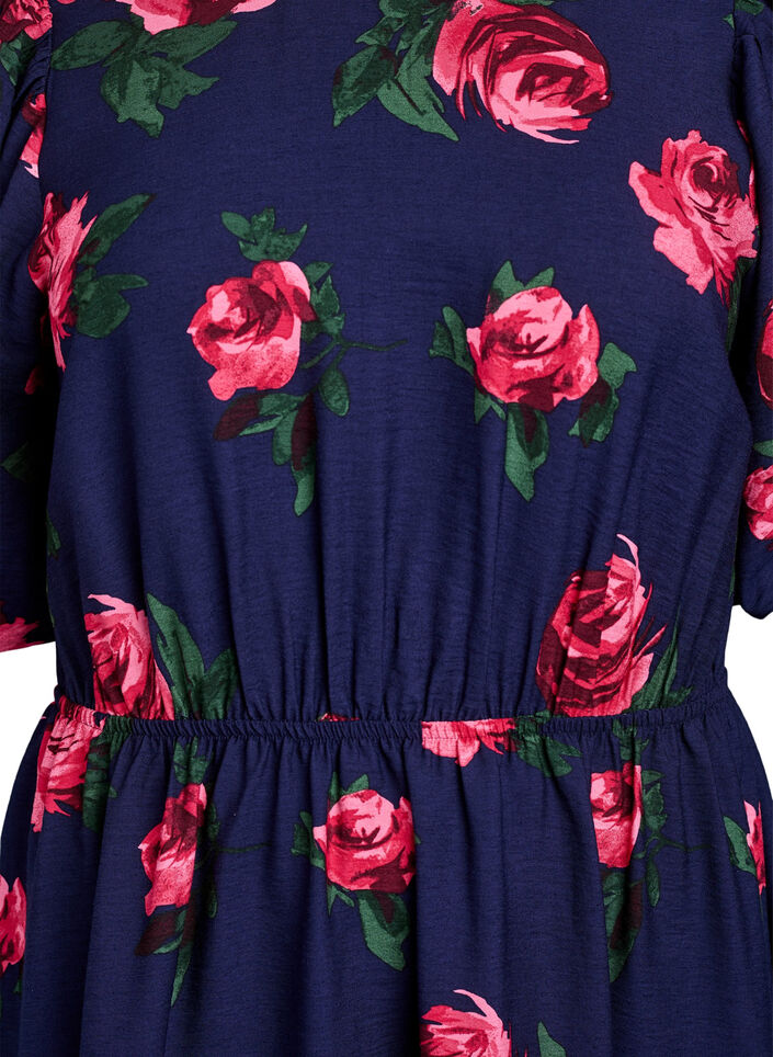 Midi dress with rose print and short balloon sleeves, Blue, Packshot image number 2