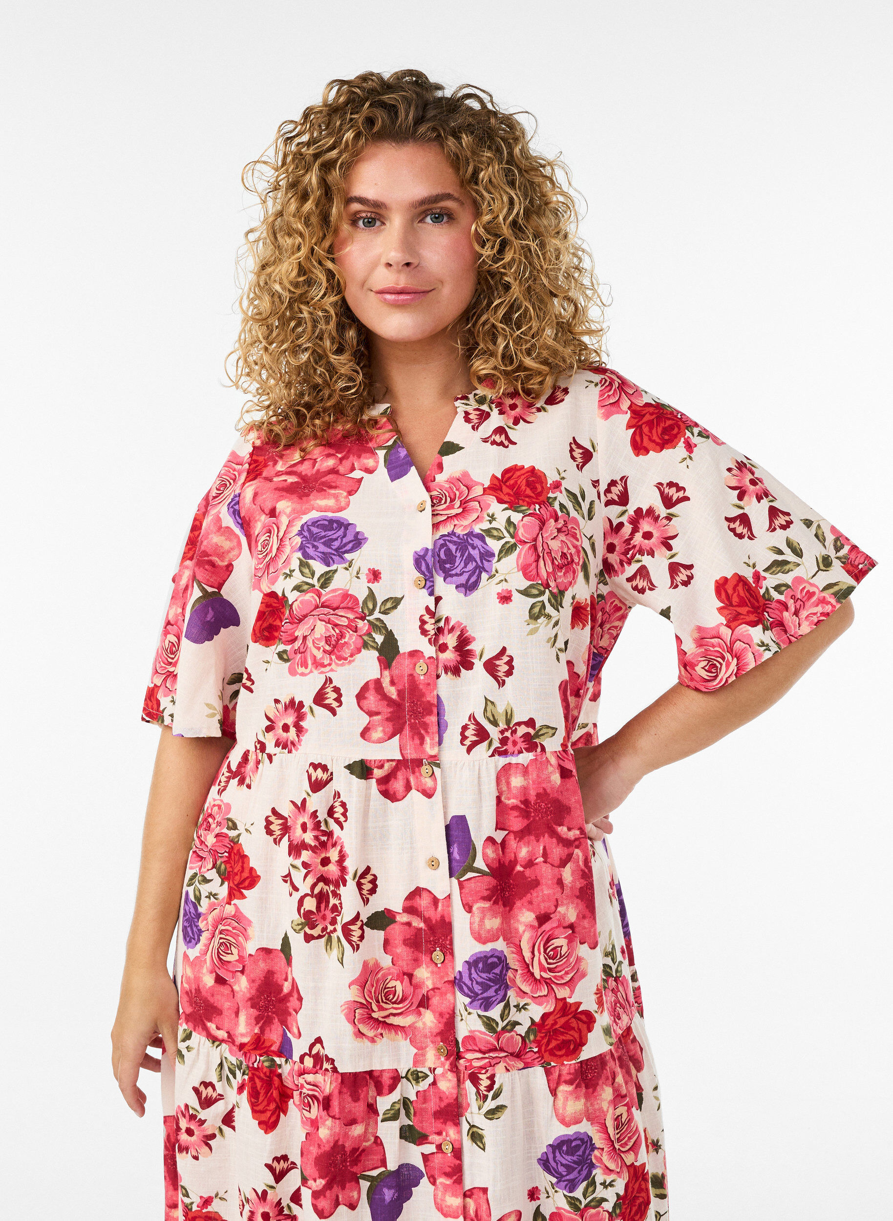 ZizzifashionCotton midi dress with floral print, Red, Model image number 2