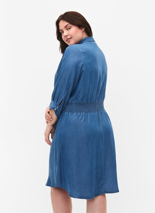 Soft denim dress with 3/4 sleeves and smock, Blue denim, Model image number 1