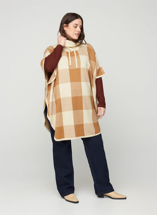 Checkered poncho with roll neck, Tobacco Brown Comb, Model image number 2