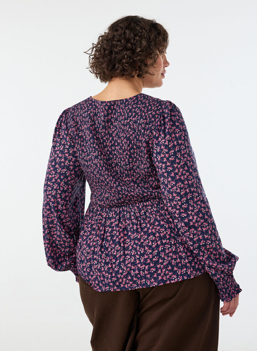 Blouse with smocked top and floral print, Blue, Model image number 1