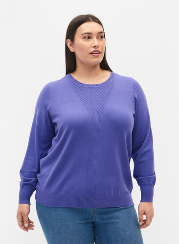 Plain coloured knitted jumper with rib details, Purple Opulence Mel., Model image number 0