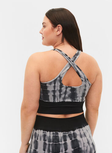 Seamless sports bra with crossed back, Black Tie Dye, Model image number 1