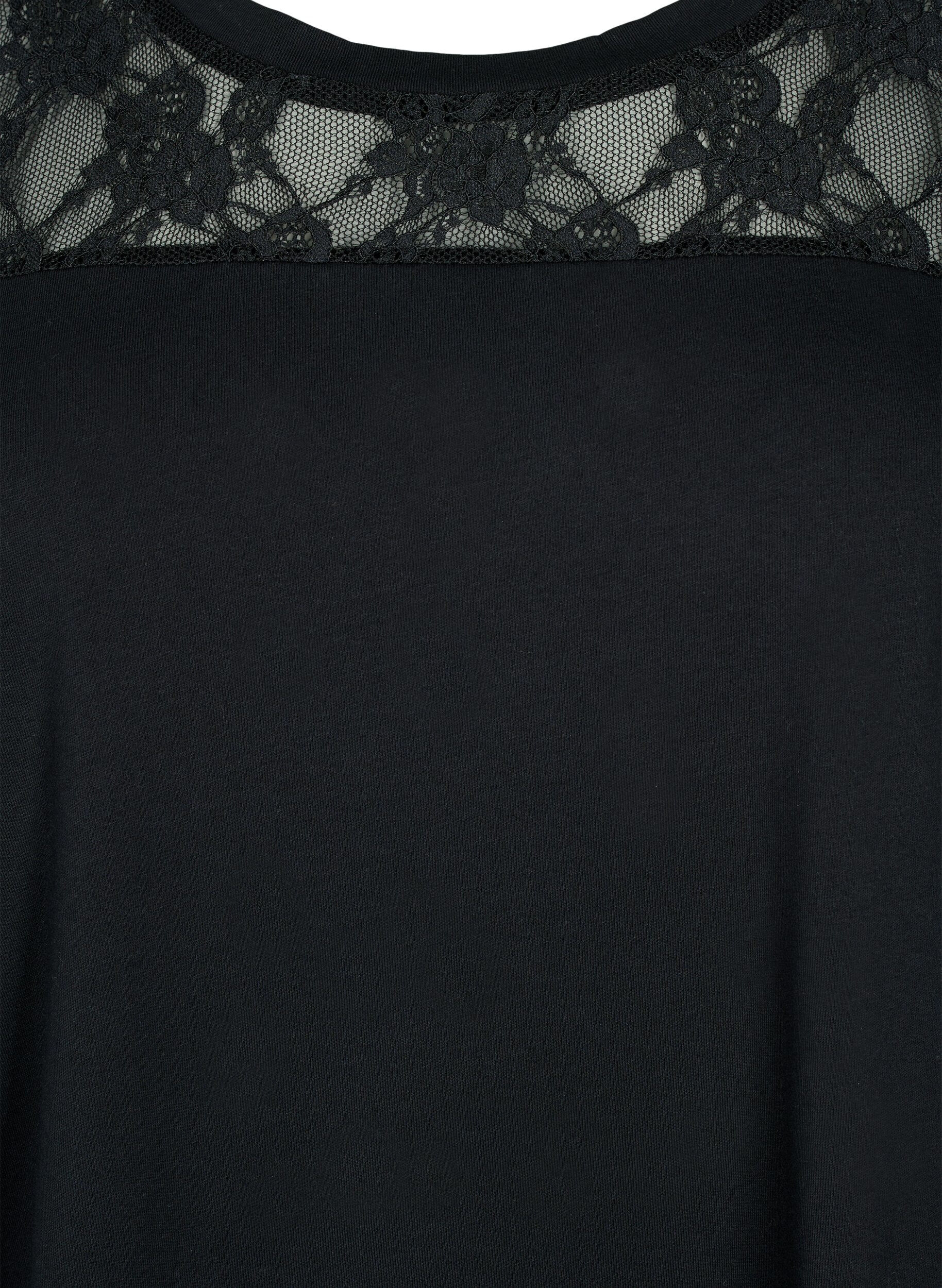 Zizzifashion Short-sleeved cotton t-shirt with lace, Black, Packshot image number 2