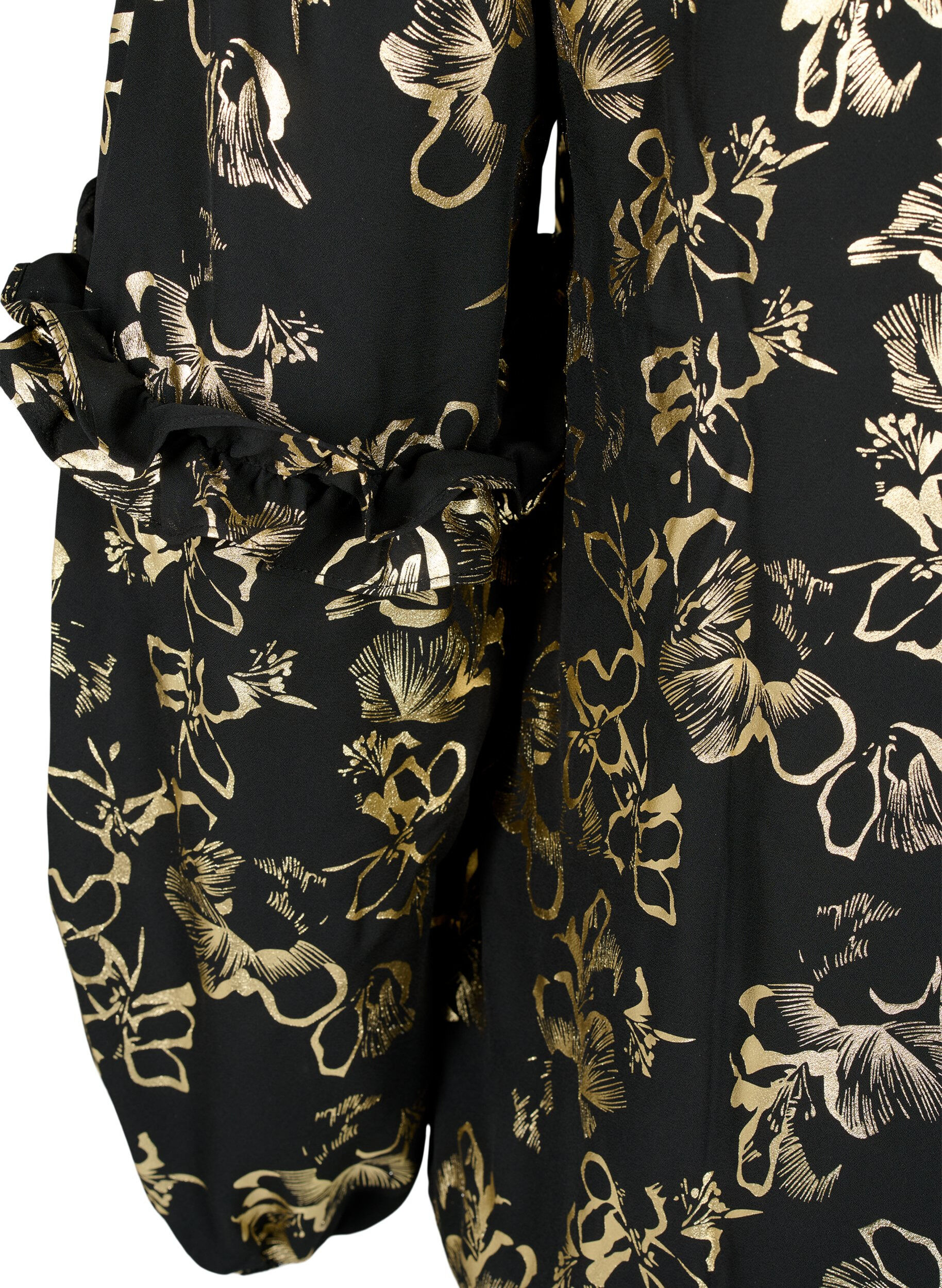 Zizzifashion Long-sleeved blouse with frills and foil print, Black Foil AOP, Packshot image number 3