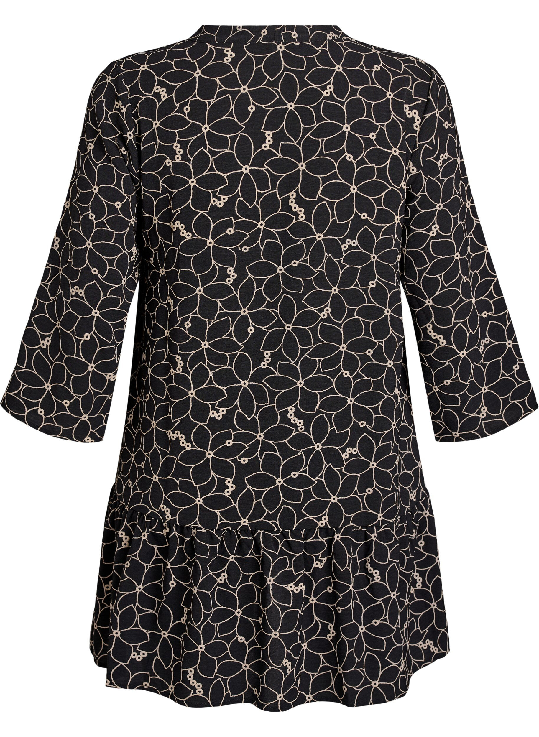 Zizzifashion Tunic with an embroidered floral pattern and 3/4 sleeves, Black, Packshot image number 1