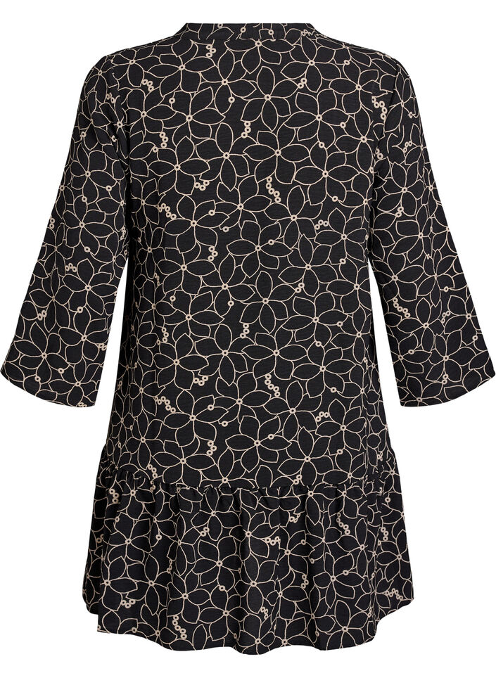 Tunic with an embroidered floral pattern and 3/4 sleeves, Black, Packshot image number 1