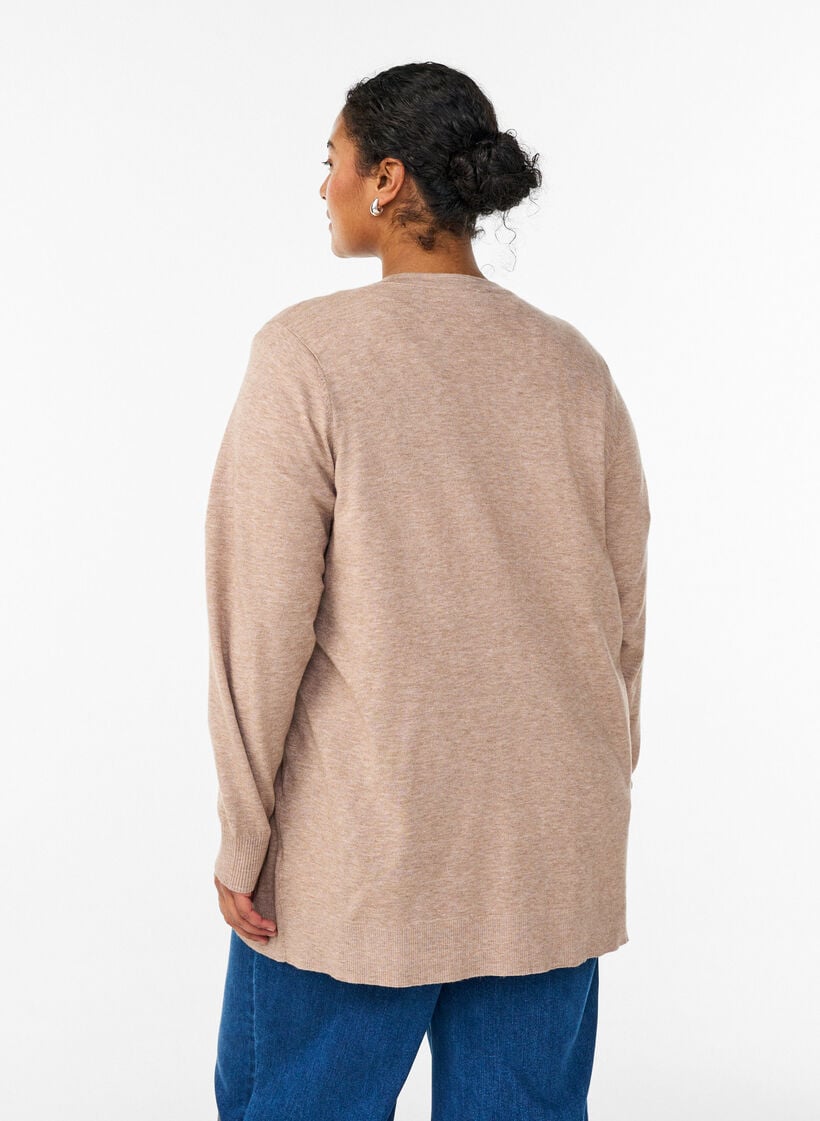 Long open-front knit cardigan with pockets, Beige, Model image number 2