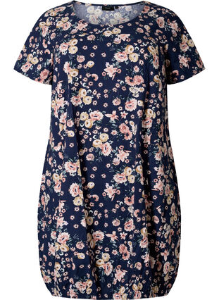 Short-sleeved, printed cotton dress, Blue Rose Flower, Packshot image number 0