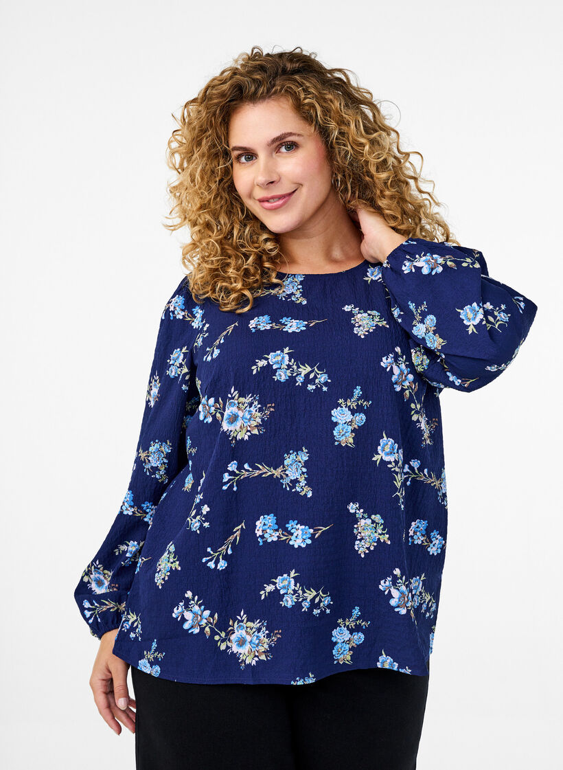 FLASH - Long-sleeved blouse with small flowers, Blue Flower, Model image number 0