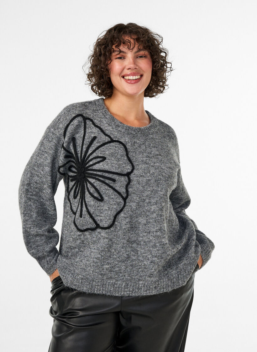 Jumper with flower appliqu&eacute;, Grey, Model image number 0