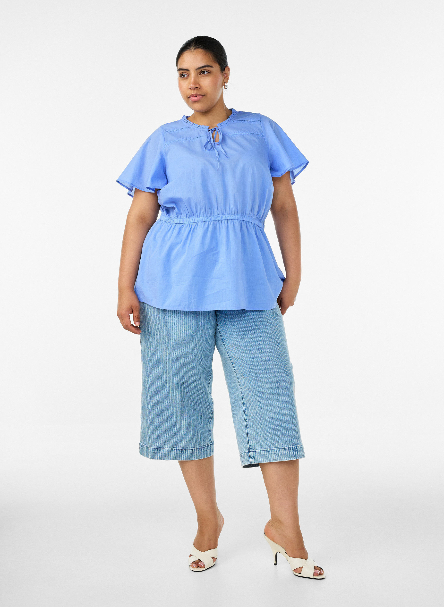 ZizzifashionCotton blouse with tie-string and elastic waist, Blue, Model image number 1
