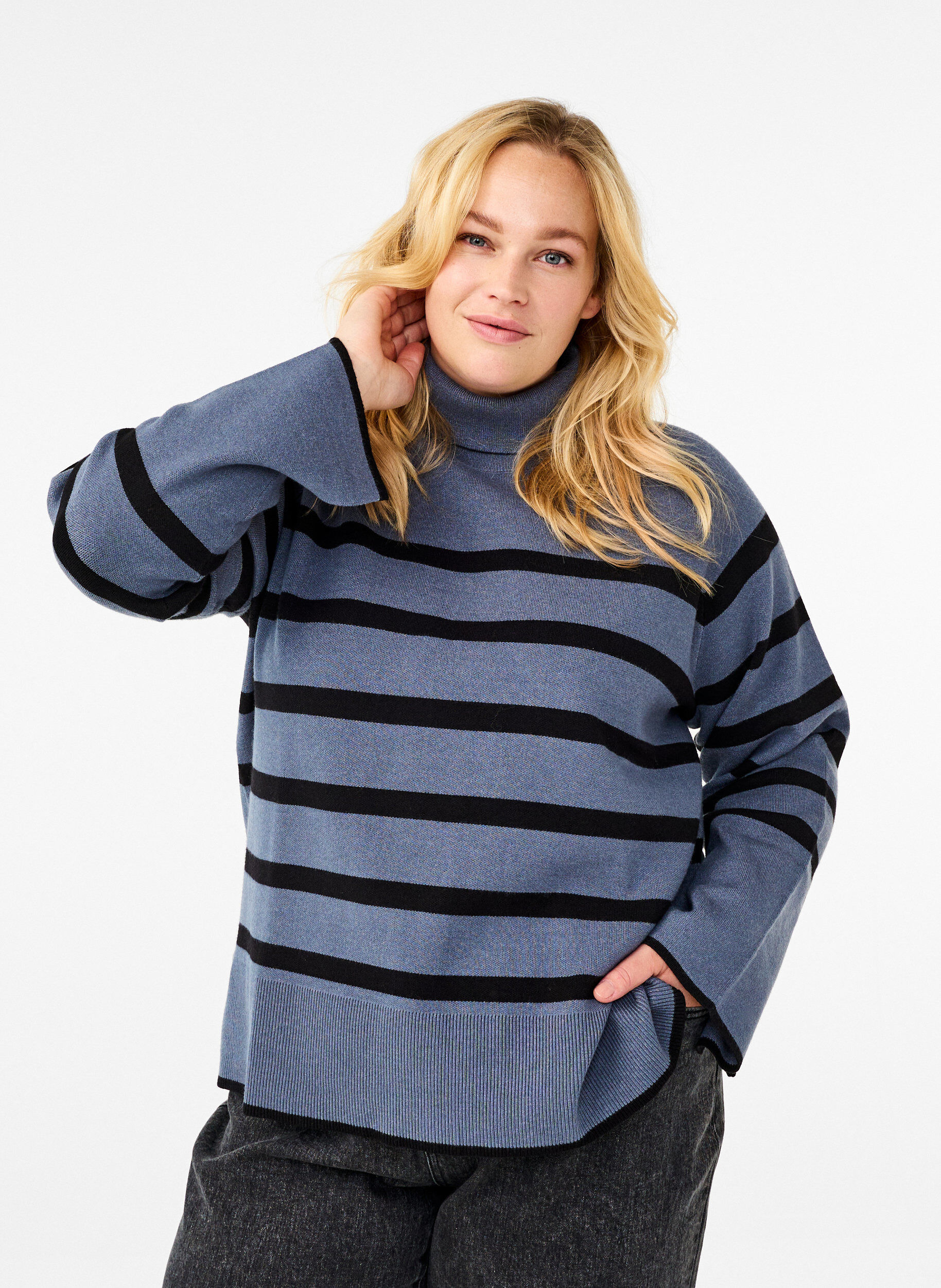 Zizzifashion Striped knitted jumper with a roll neck, B.Sea w.BlackStripes, Model image number 0