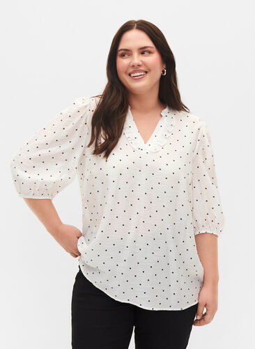 	 Dotted blouse with 3/4 sleeves in viscose material, White Dot, Model image number 0
