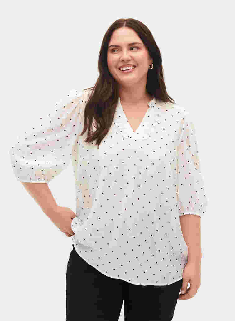 	 Dotted blouse with 3/4 sleeves in viscose material, White Dot, Model
