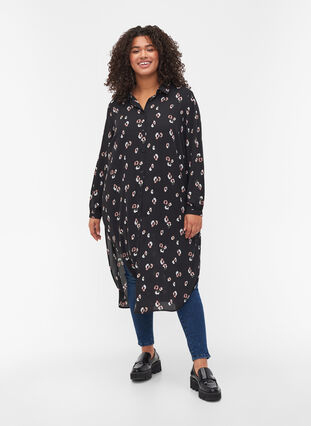 Printed shirt dress with slit, Black w. Flower, Model image number 2