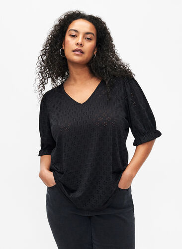 V-neck blouse with hole pattern, Black, Model image number 0