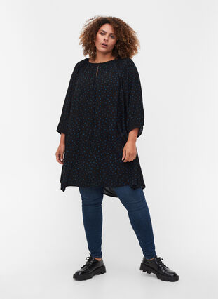 Printed viscose tunic with 3/4-length sleeves , Black w. Blue Dot, Model image number 2