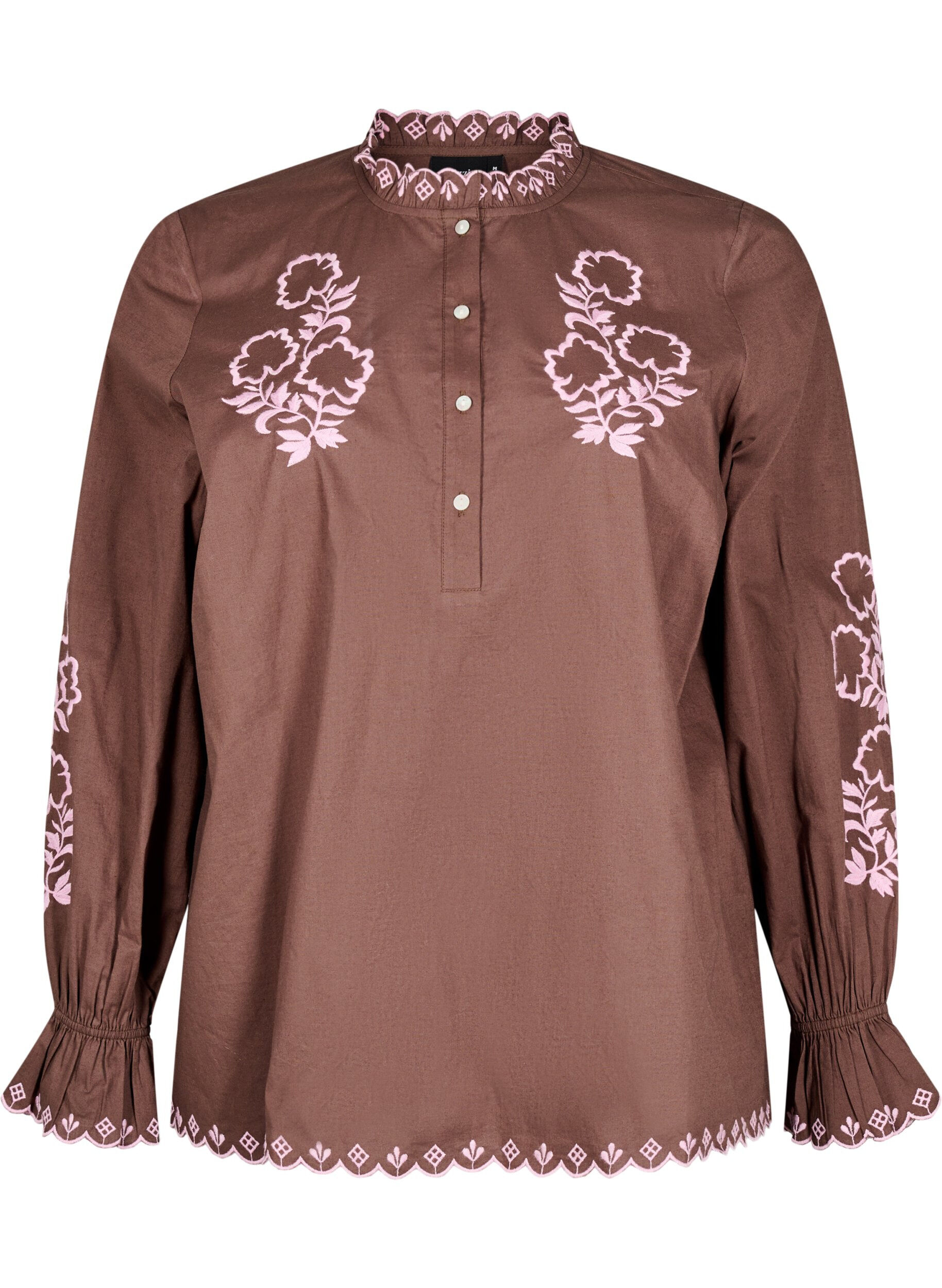 Zizzifashion Blouse with embroidery and ruffle details, Brown, Packshot image number 0